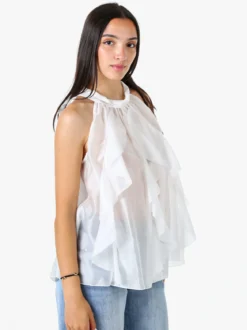Doremi Top donna con volant e allacciatura al collo - bianco