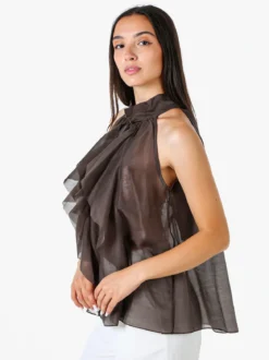 Doremi Top donna con volant e allacciatura al collo - grigio scuro