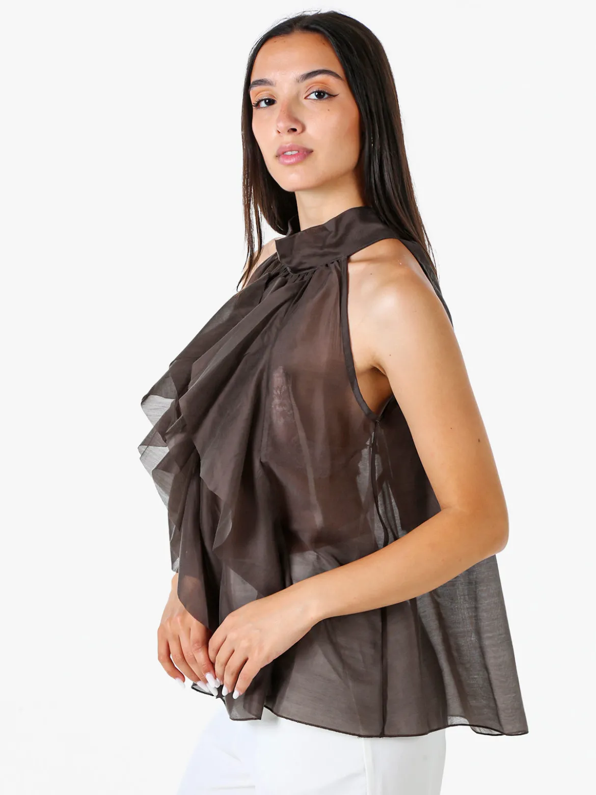Doremi Top donna con volant e allacciatura al collo - grigio scuro