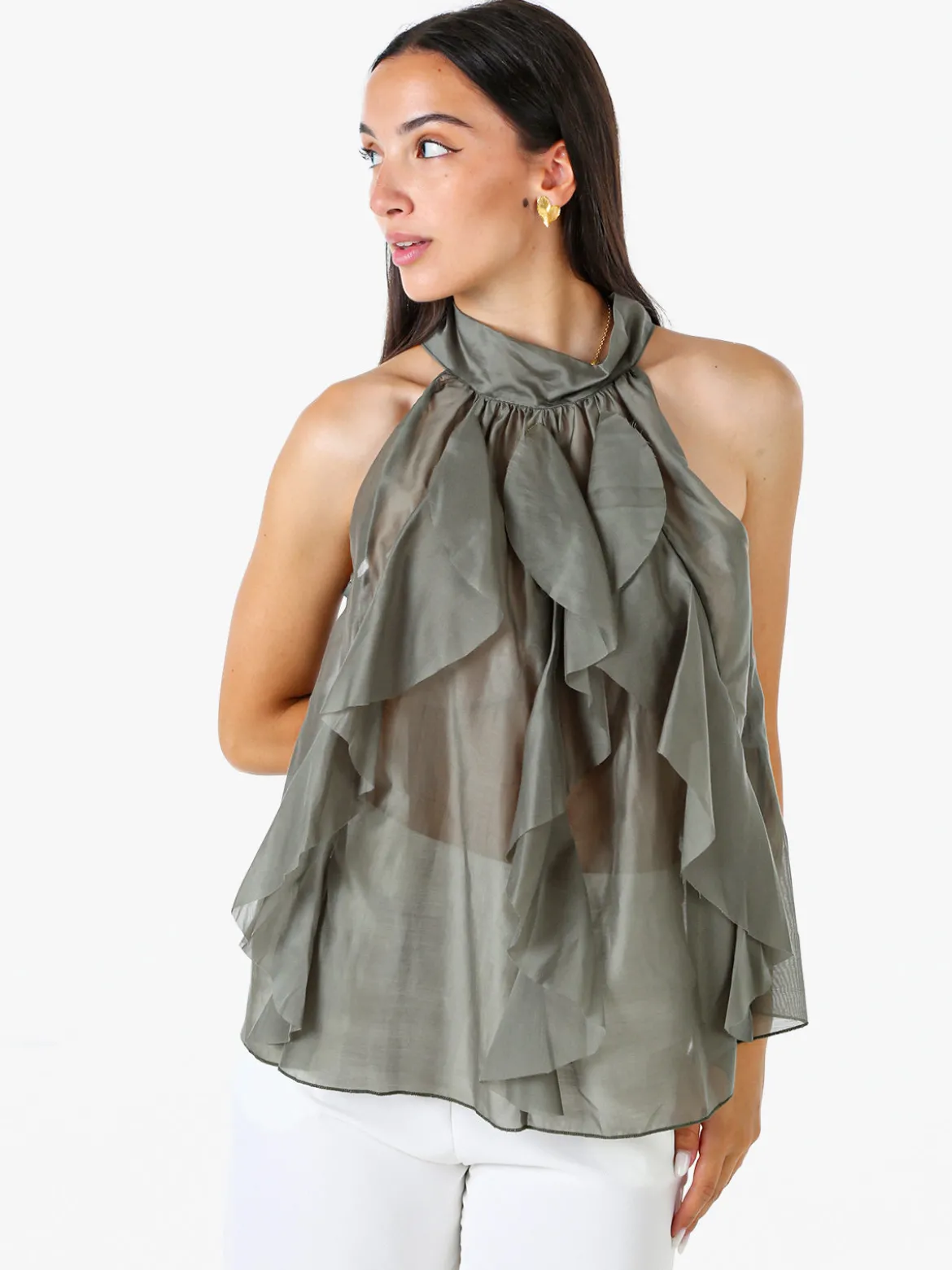Doremi Top donna con volant e allacciatura al collo - oliva