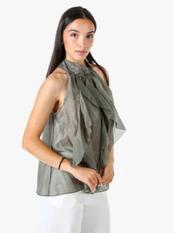 Doremi Top donna con volant e allacciatura al collo - oliva