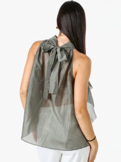 Doremi Top donna con volant e allacciatura al collo - oliva