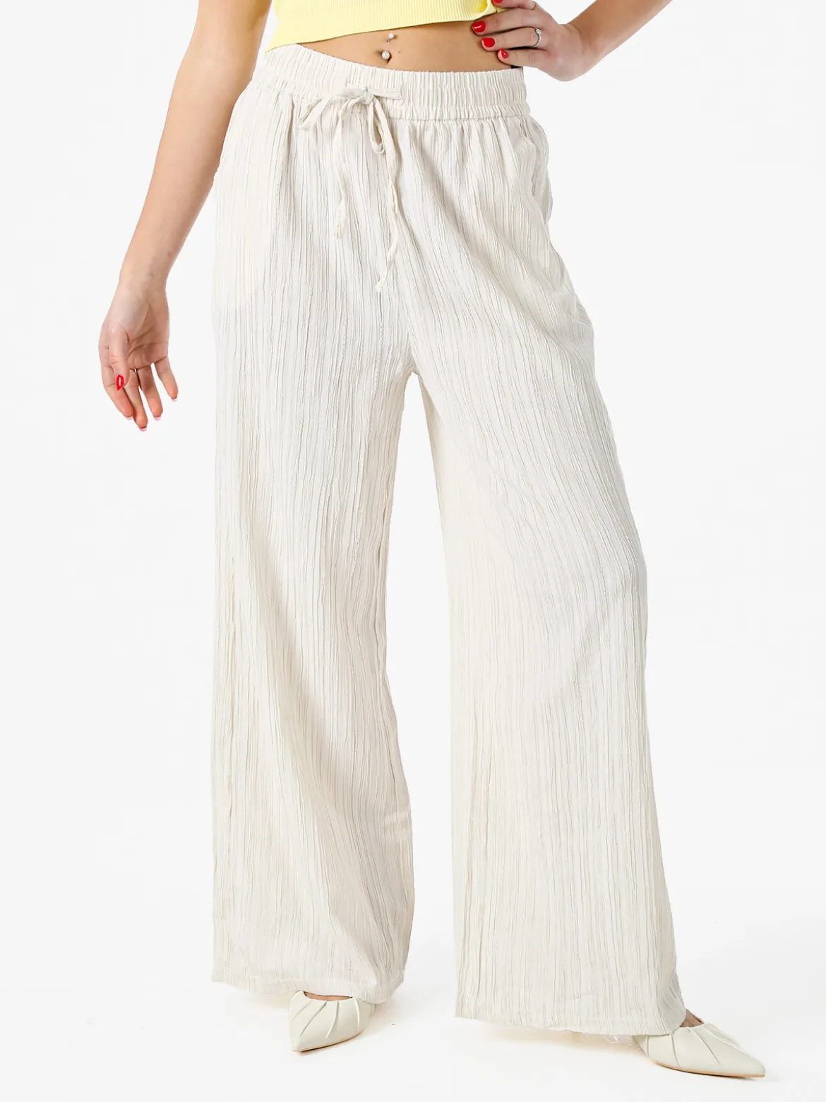 Eletta Pantaloni donna a palazzo con coulisse - panna