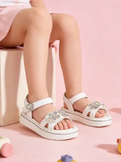 Energy Sandali da bambina con cinturini a strappo e fiori - bianco