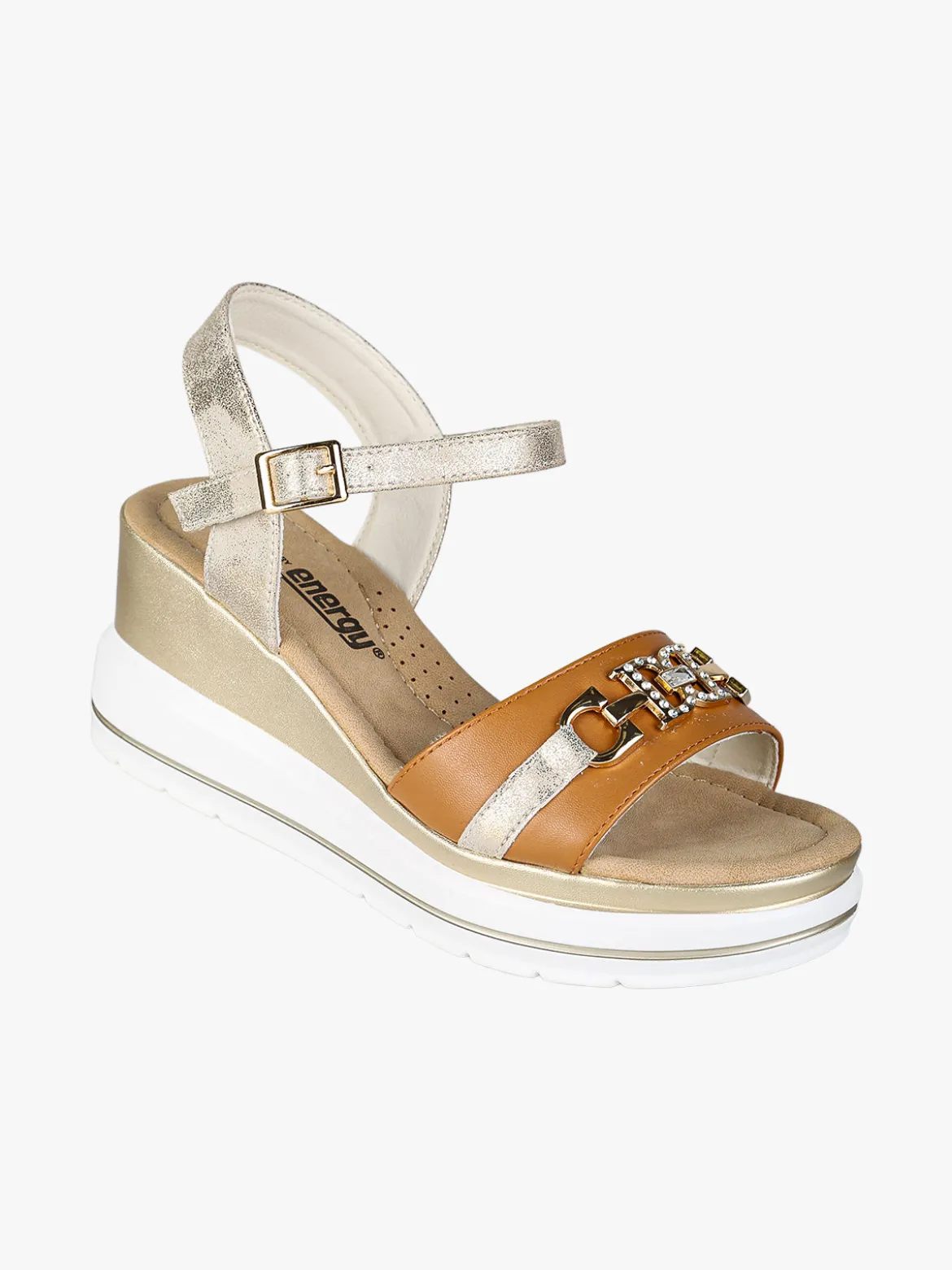 Energy Sandali donna con morsetto di strass e zeppa - cuoio