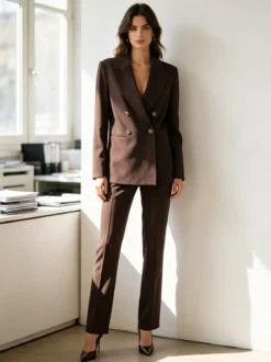 Fast Fashion Completo elegante da donna con blazer a doppiopetto e pantaloni a gamba dritta - moro