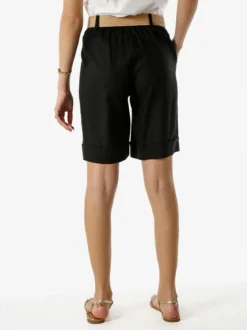 Frenetika Bermuda donna in misto lino con cintura in rafia - nero