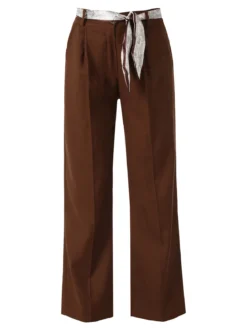 Frenetika Pantaloni donna in misto lino a gamba dritta con cintura a foulard - marrone