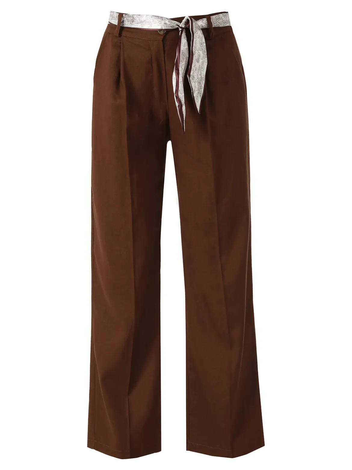 Frenetika Pantaloni donna in misto lino a gamba dritta con cintura a foulard - marrone