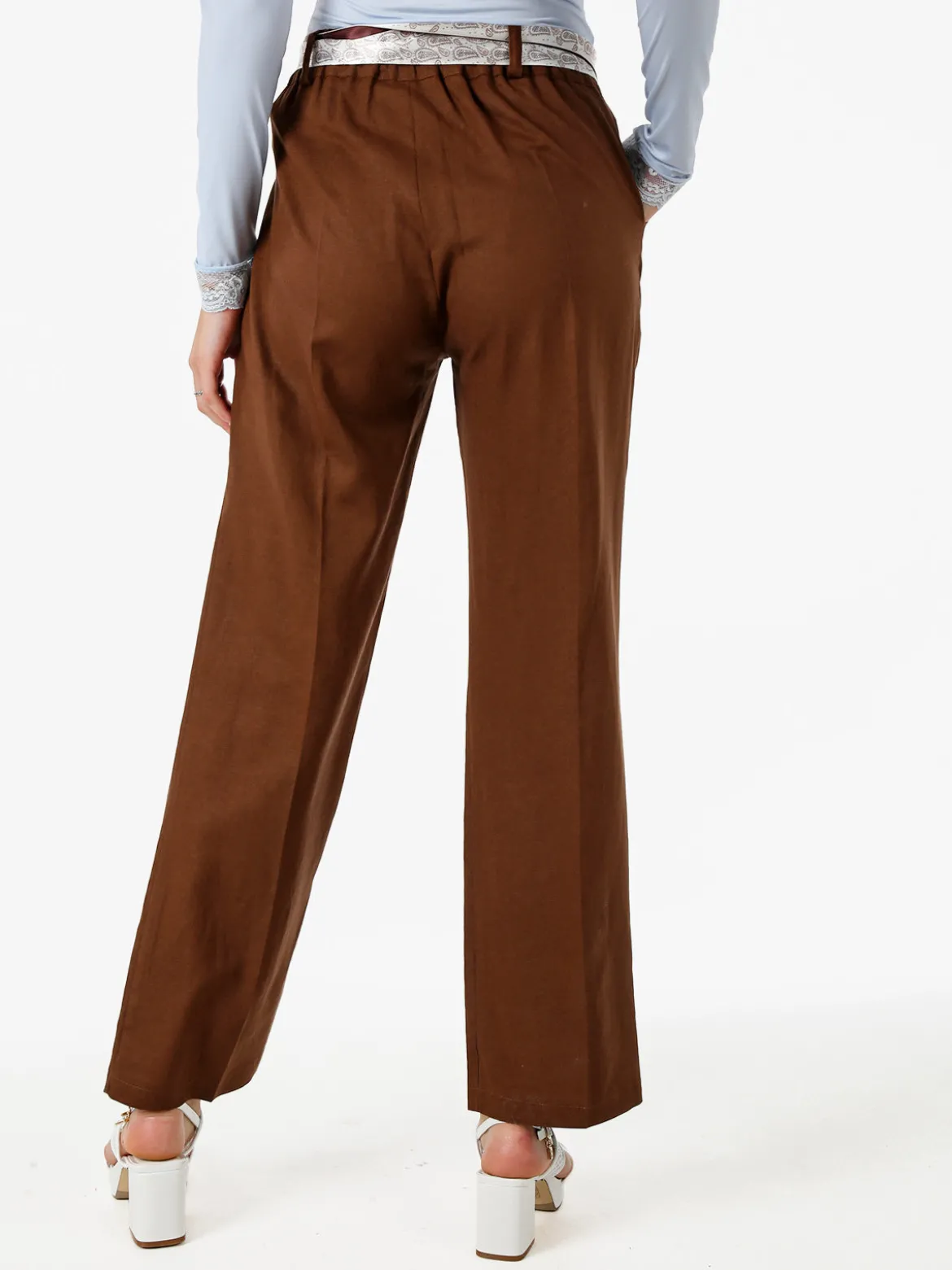 Frenetika Pantaloni donna in misto lino a gamba dritta con cintura a foulard - marrone
