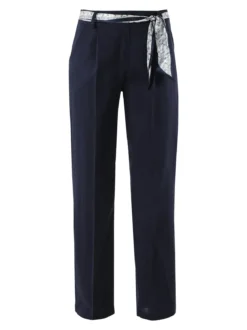 Frenetika Pantaloni donna in misto lino a gamba dritta con cintura a foulard - blu