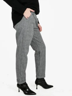 Frenetika Pantaloni donna pied de poule con cintura e risvolto finale - grigio