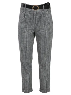 Frenetika Pantaloni donna pied de poule con cintura e risvolto finale - grigio