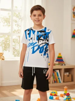 Givova Completo corto da bambino in cotone con t-shirt stampata e bermuda - bianco