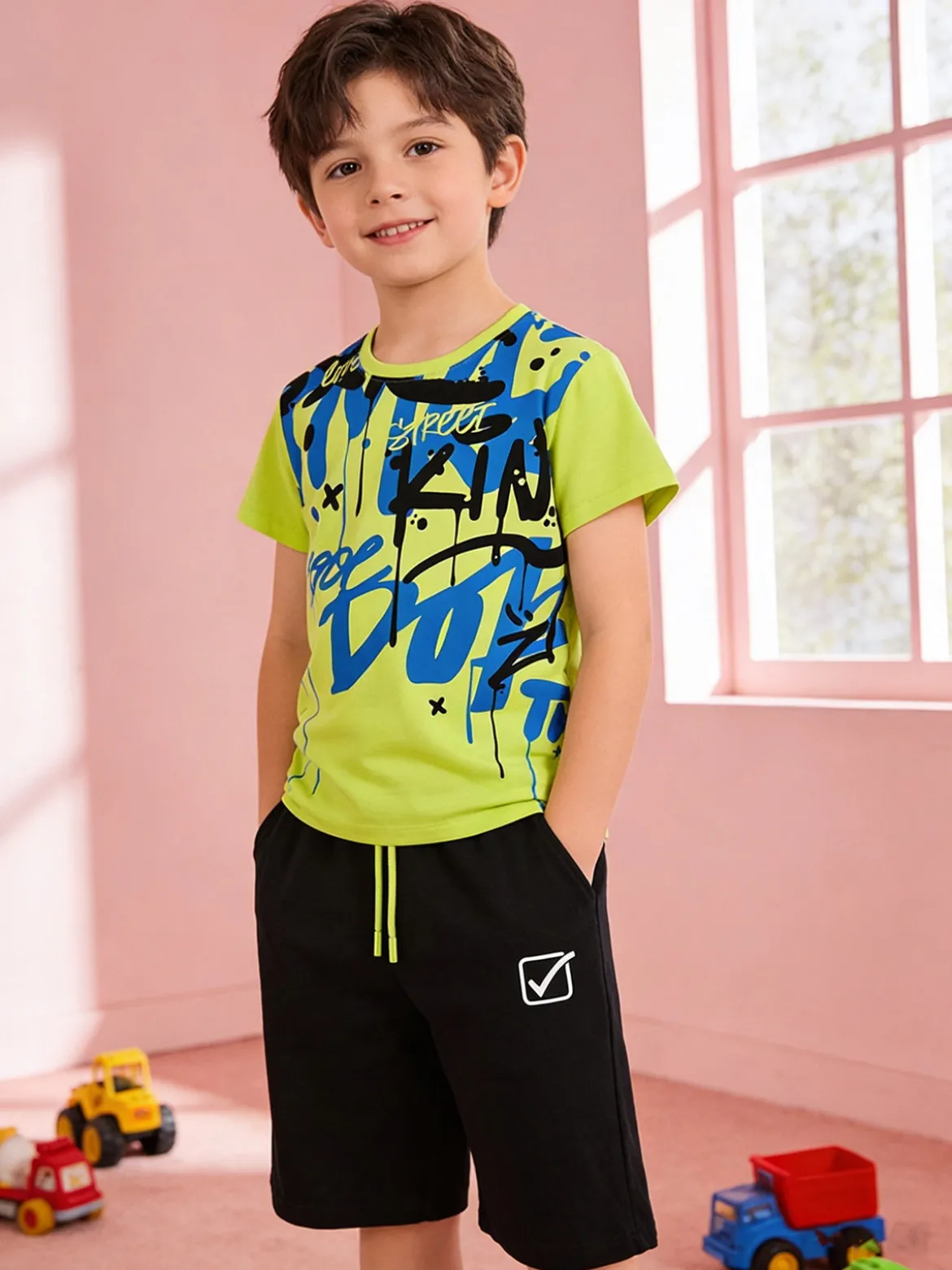 Givova Completo corto da bambino in cotone con t-shirt stampata e bermuda - mela