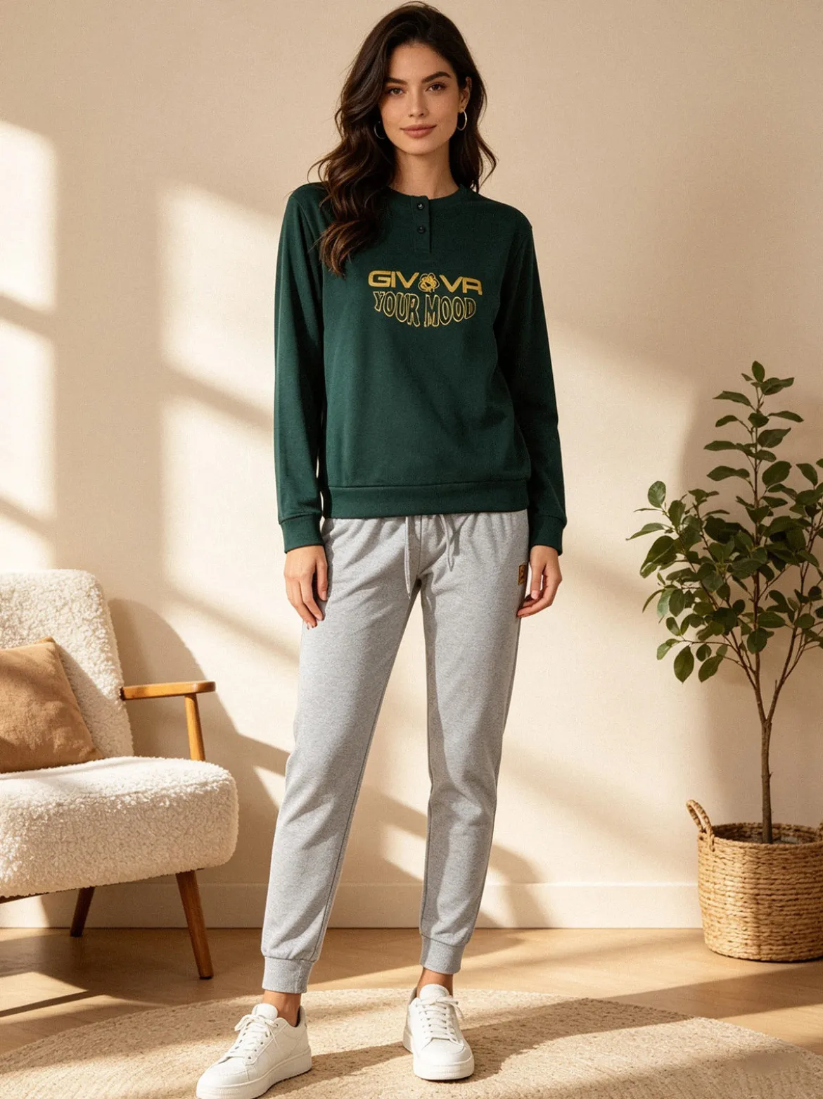 Givova Pigiama lungo da donna in cotone interlock con stampa - verde