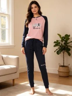 Givova Pigiama lungo da donna in cotone interlock con stampa - rosa