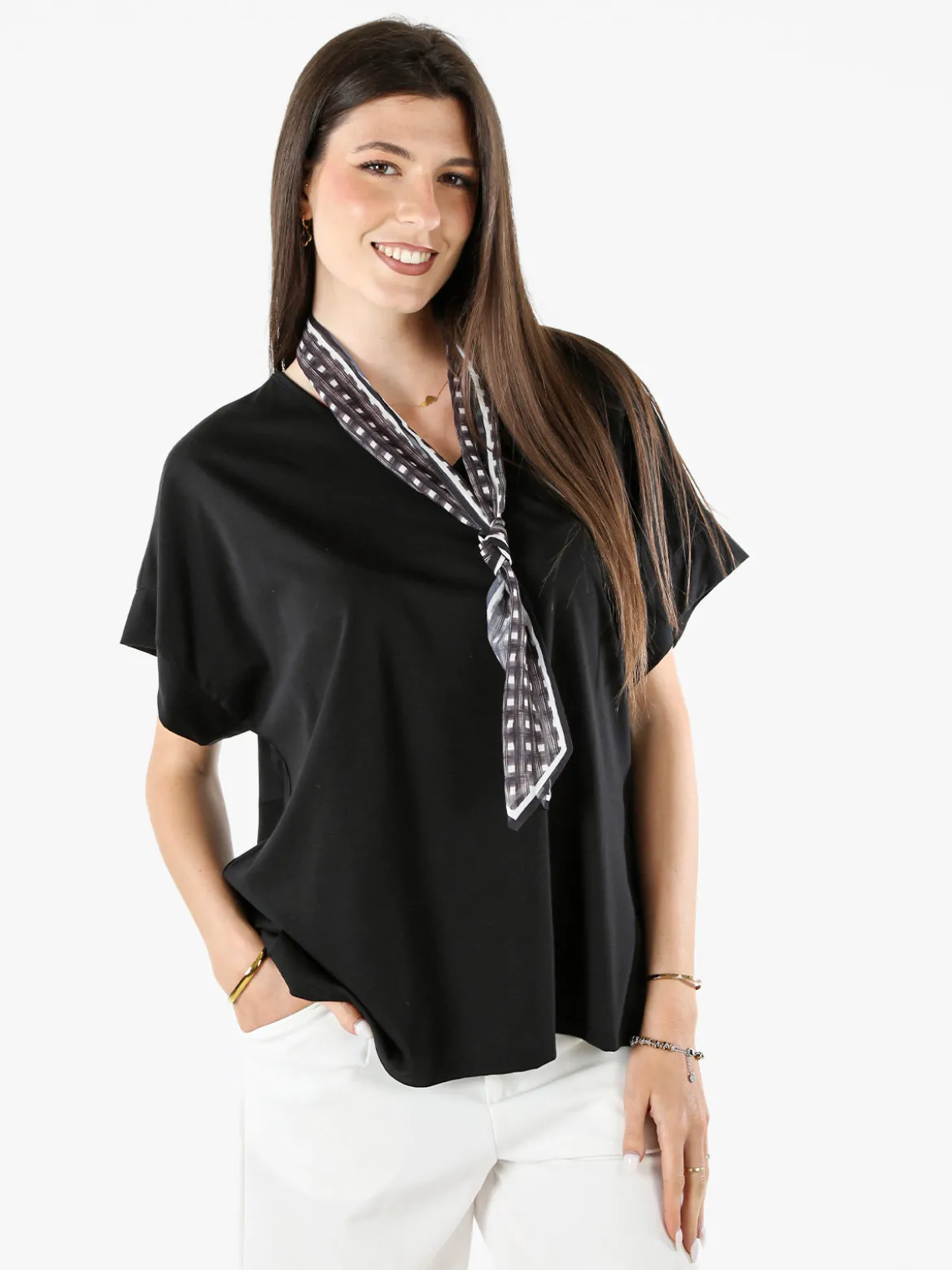 Glad Origin Maxi blusa donna a maniche corte con scollo a V - nero