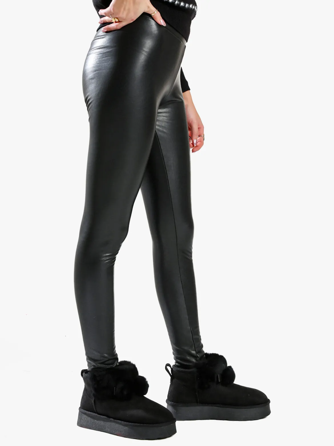 Gladys Leggings donna in ecopelle con interno in micropile - nero