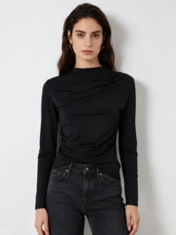 Gondola Blu Maglia donna accollata a maniche lunghe con drappeggio laterale - nero