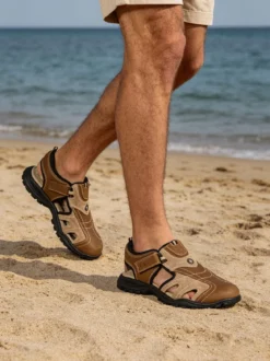 Grisport Sandali in pelle da uomo con cinturini a strappo e puntale chiuso - marrone