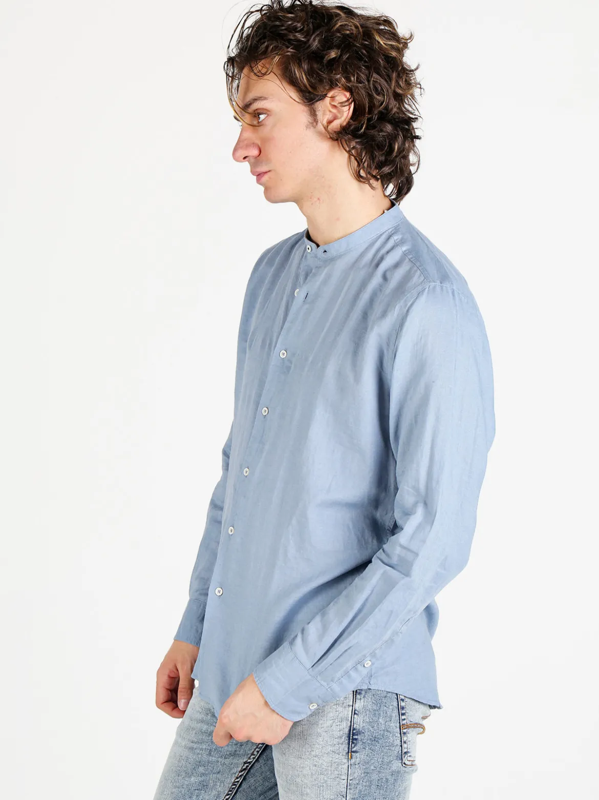 Guy Camicia da uomo alla coreana in misto lino