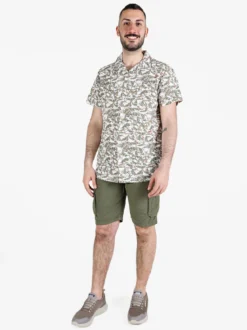 Guy Camicia da uomo in misto lino a maniche corte con stampa disegni