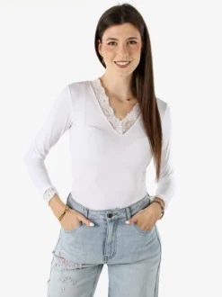 Hdl Milano Top donna a maniche lunghe con dettagli di pizzo - bianco