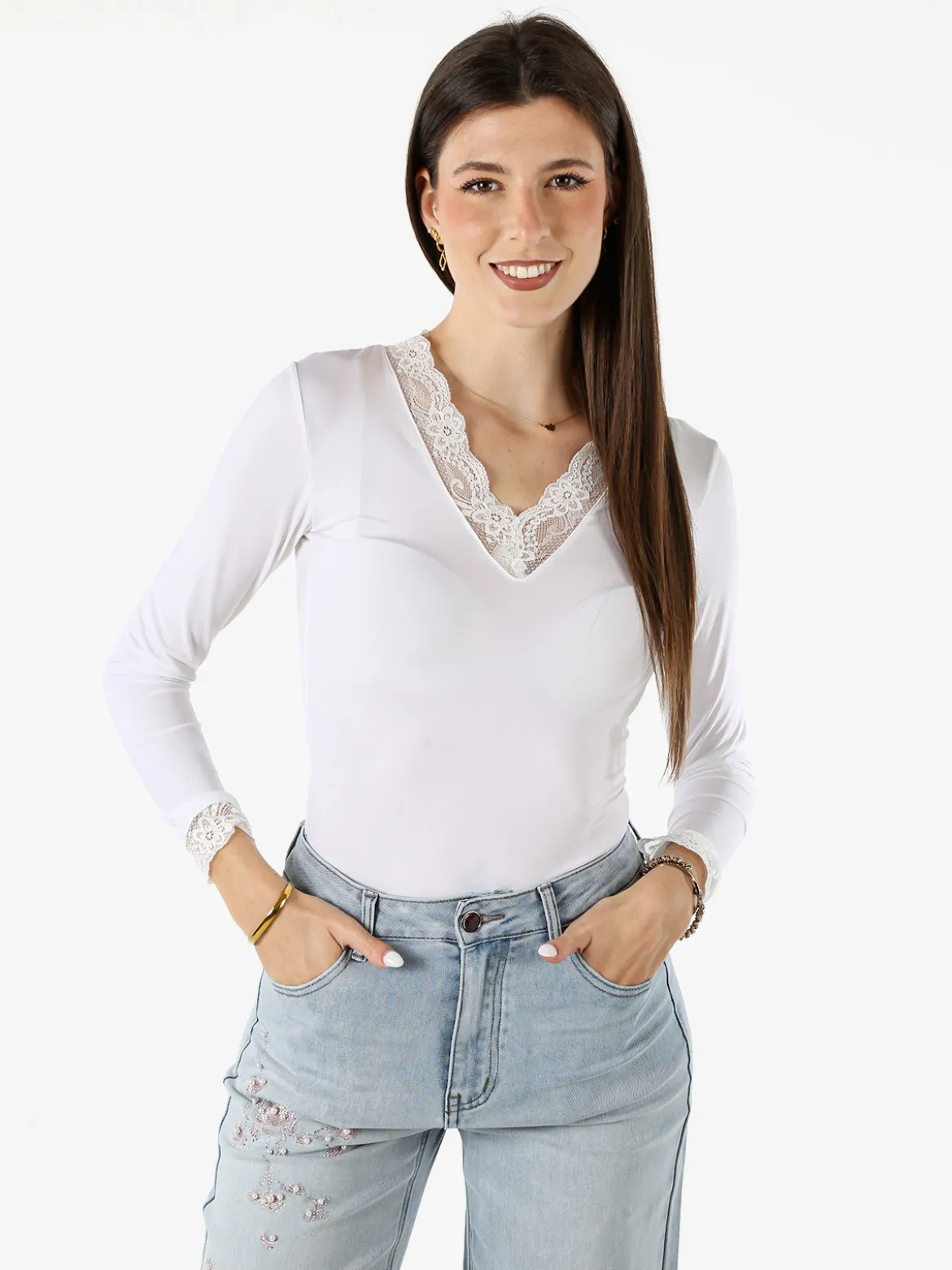 Hdl Milano Top donna a maniche lunghe con dettagli di pizzo - bianco