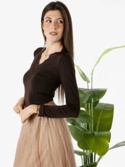 Hdl Milano Top donna a maniche lunghe con dettagli di pizzo - moro