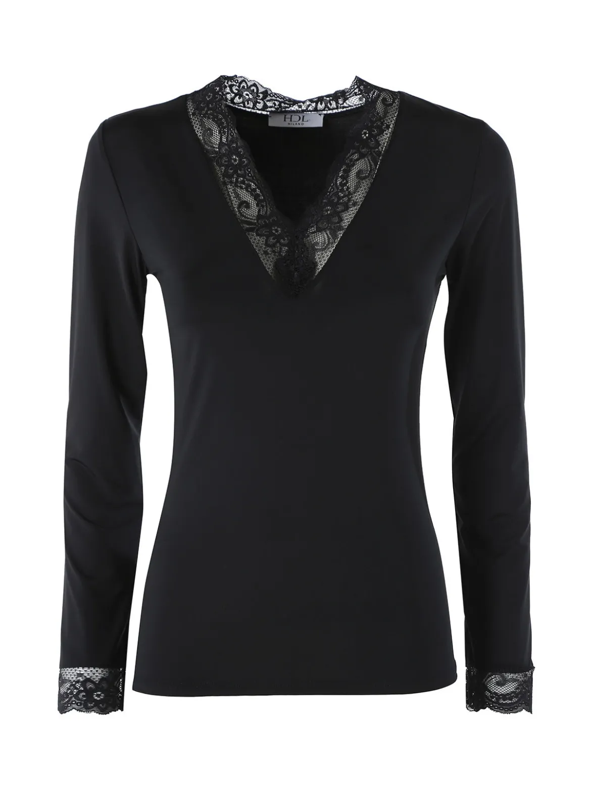 Hdl Milano Top donna a maniche lunghe con dettagli di pizzo - nero