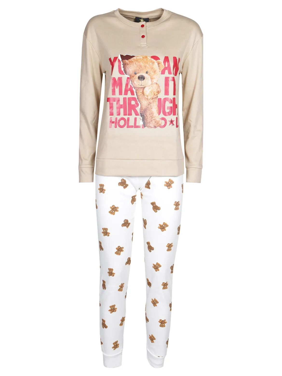 Hollywood Pigiama lungo da donna in cotone interlock con orsacchiotto
