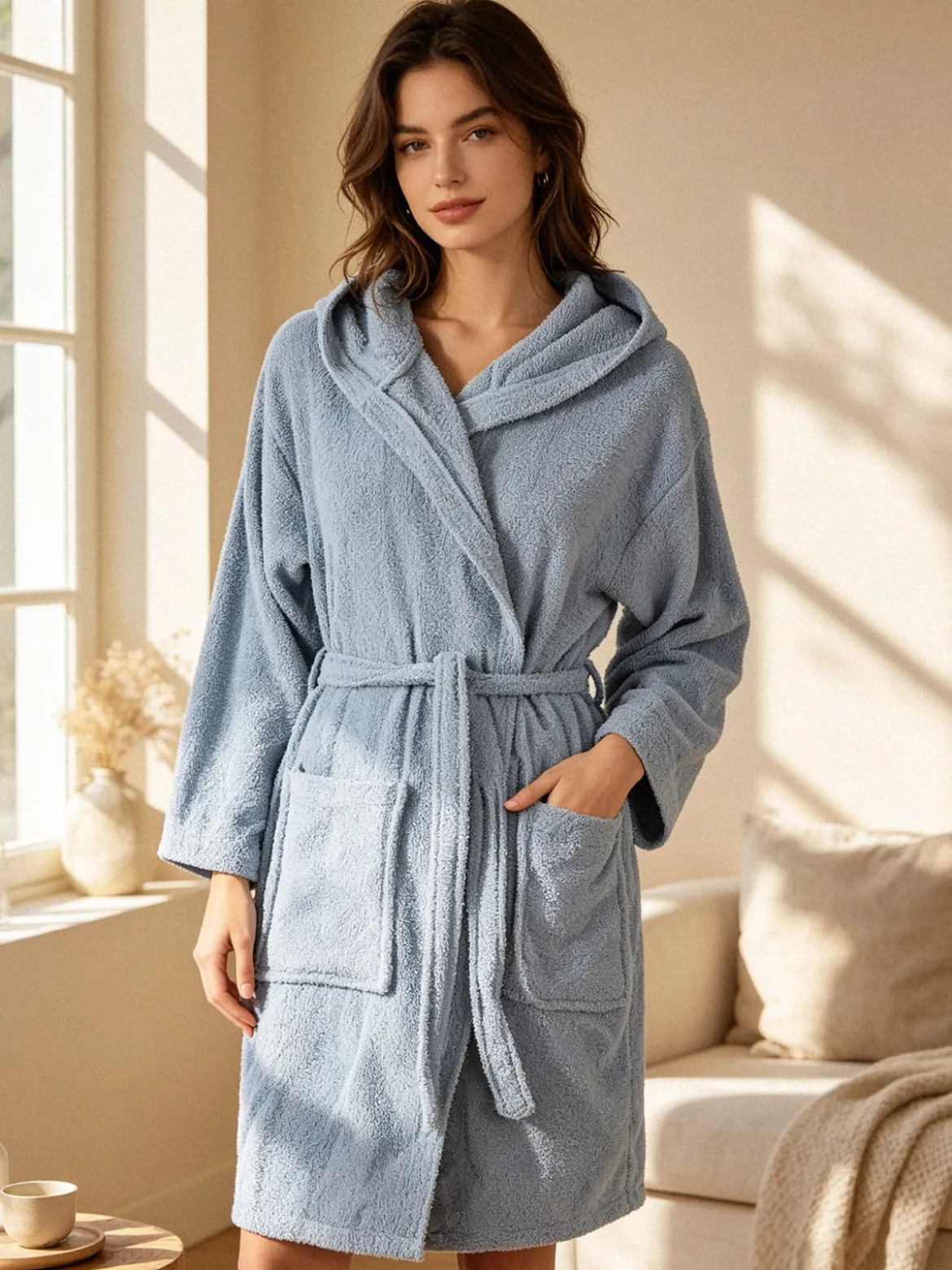 Home Zen Accappatoio unisex in spugna di cotone con cappuccio - azzurro