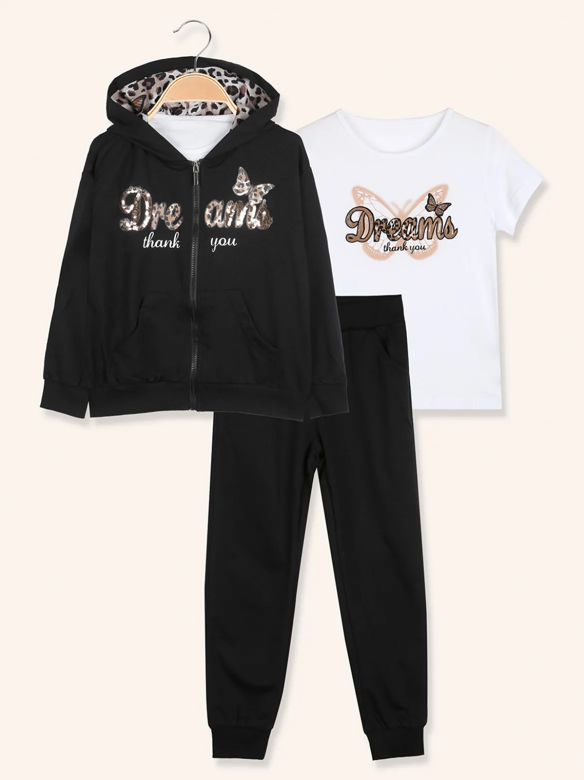 Hope Star Completo tuta 3 pezzi da bambina con cappuccio e zip - nero