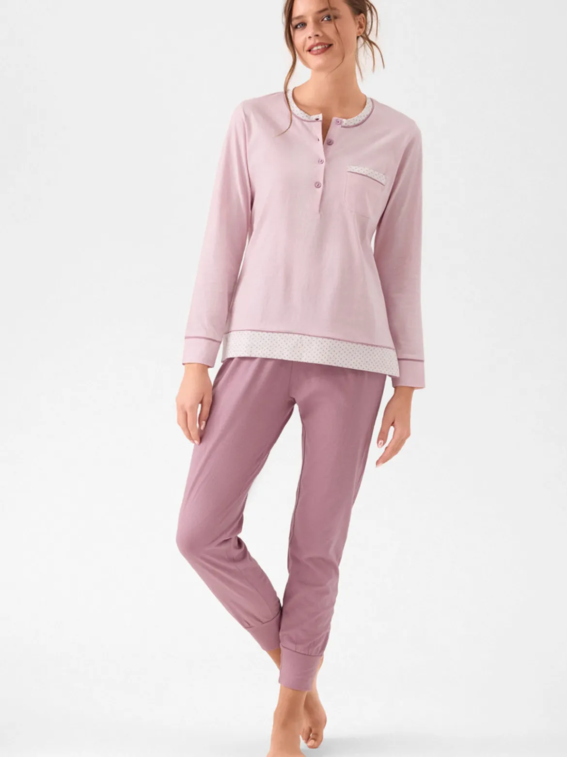 Infiore TABLEAU Pigiama da donna in cotone con taschino e dettagli pois taglie grandi - rosa