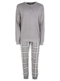 Infioreuomo Pigiama lungo da uomo in cotone con taschino e pantaloni a quadri - grigio