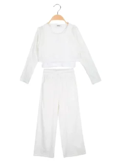 Injuly Completo 3 pezzi da bambina con top traforato e pantaloni misto lino - bianco