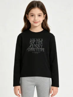 Injuly T-shirt da bambina in cotone a maniche lunghe con stampa - nero