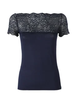 Intimami Maglia donna a maniche corte con scollo a barca in pizzo - blu scuro