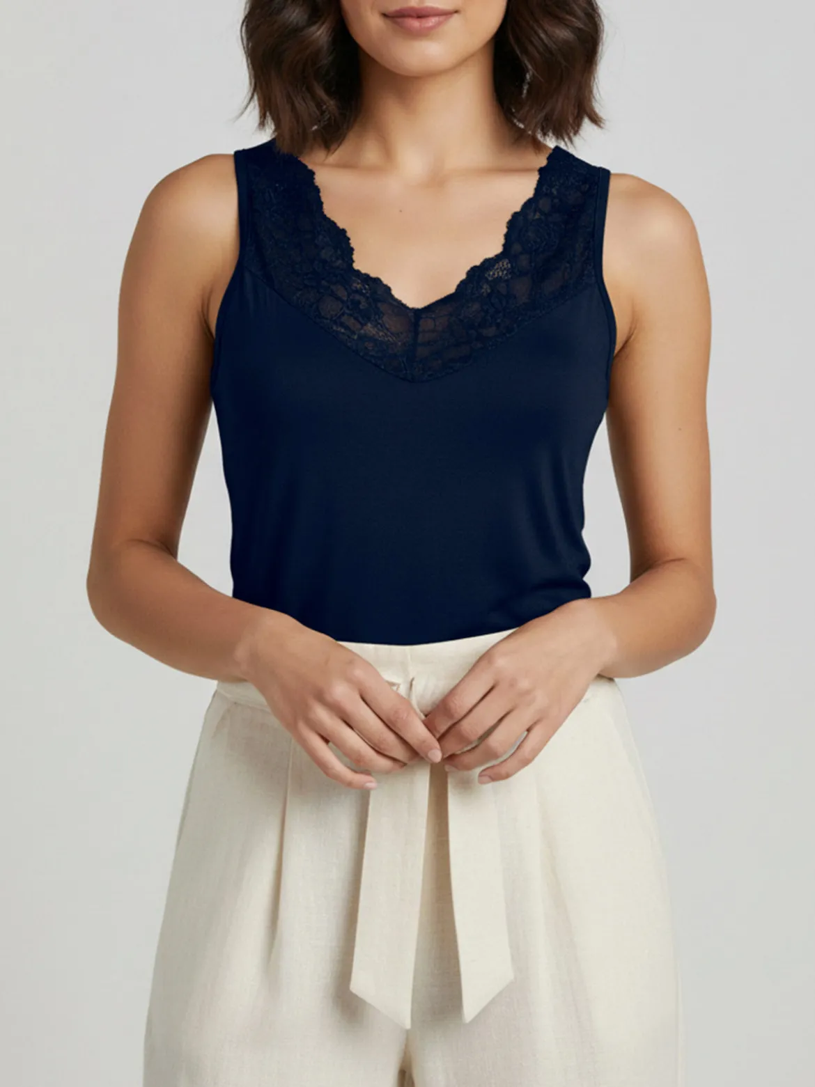 Intimami Top donna a spalla larga con scollo di pizzo - blu scuro