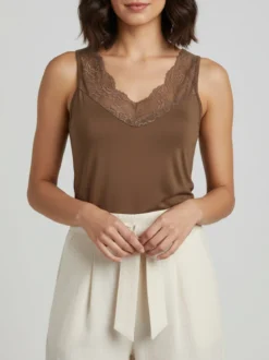 Intimami Top donna a spalla larga con scollo di pizzo - marrone