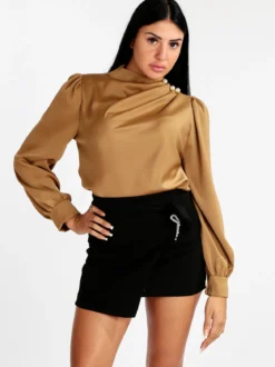 Jack Moda Blusa donna in raso con bottoni a perla