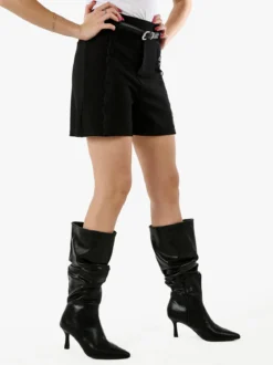 Jeans Louise Francoise Shorts donna a vita alta con inserti in pizzo e cintura - nero