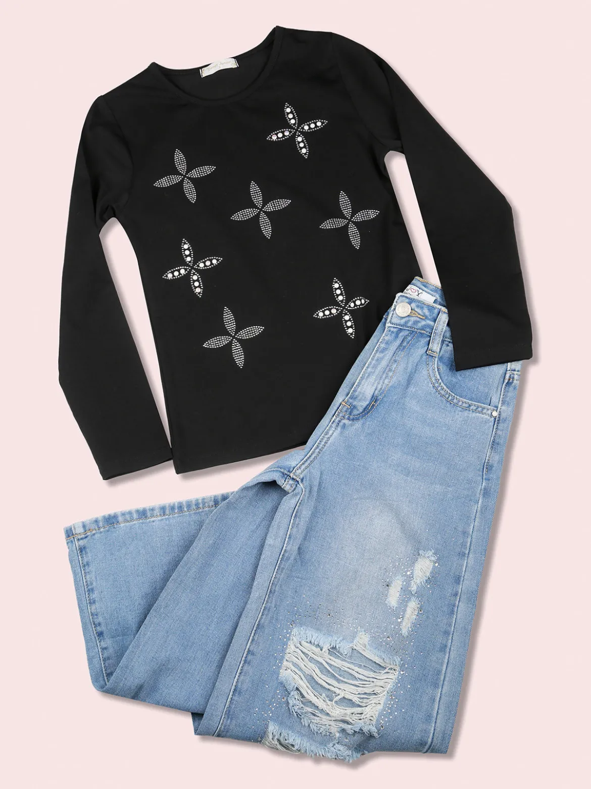 J Y Jeans baggy da bambina con strappi e strass - jeans