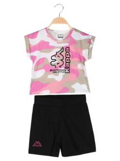 Kappa Completo corto da bambina in cotone con t-shirt mimetica e shorts - rosa