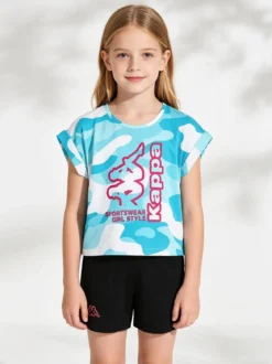 Kappa Completo corto da bambina in cotone con t-shirt mimetica e shorts - turchese