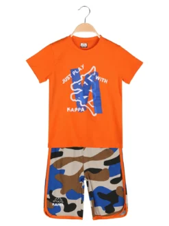 Kappa Completo corto da bambino in cotone con t-shirt e bermuda mimetici - arancione