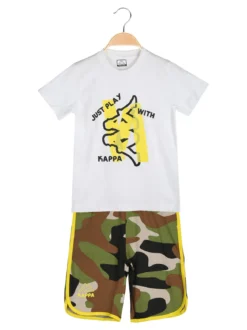 Kappa Completo corto da bambino in cotone con t-shirt e bermuda mimetici - bianco
