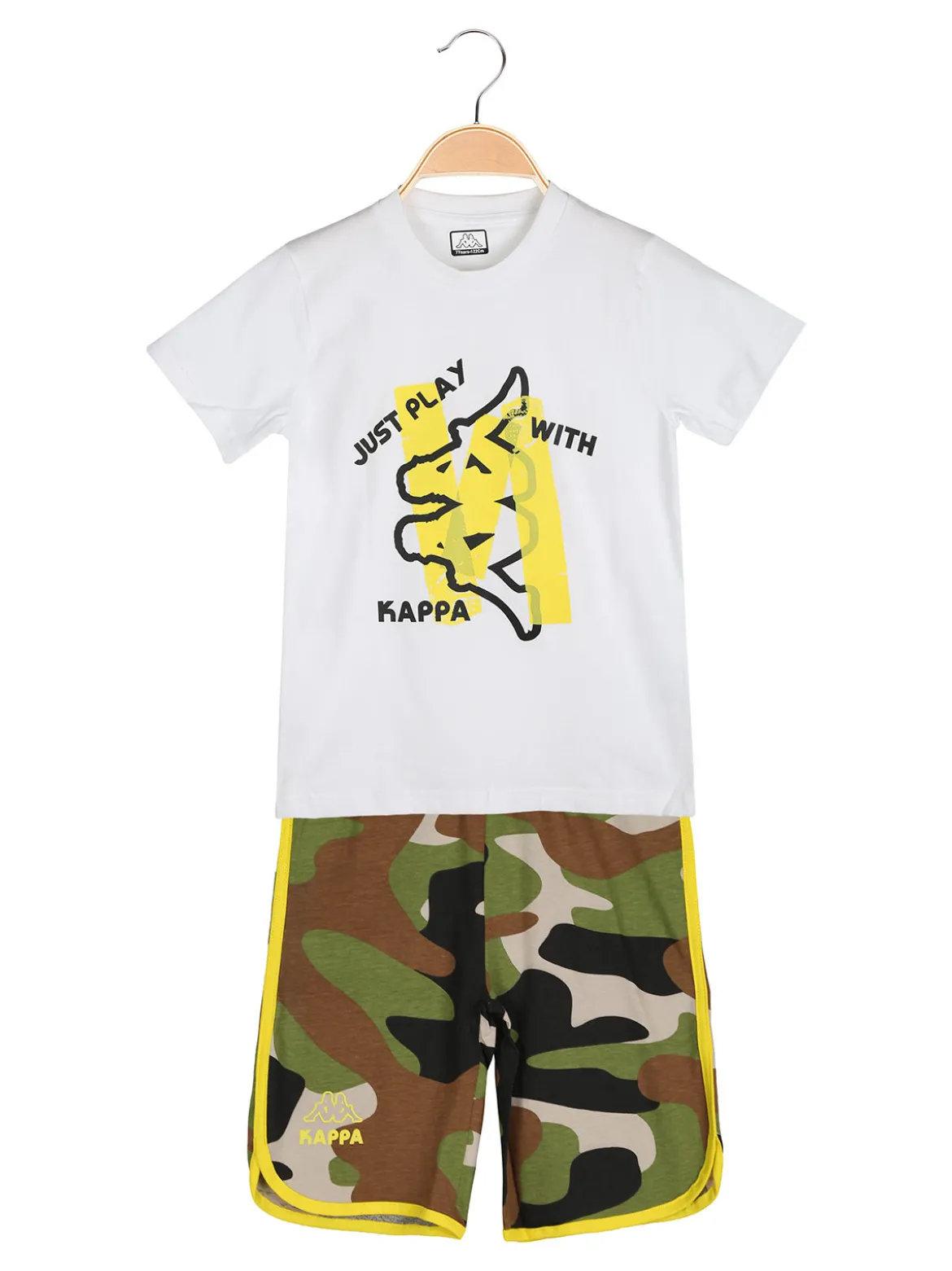 Kappa Completo corto da bambino in cotone con t-shirt e bermuda mimetici - bianco