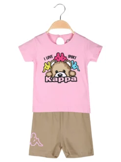 Kappa Completo corto da neonata in cotone con t-shirt orsacchiotto e shorts - rosa
